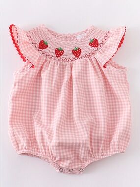 Pink Gingham Strawberry Smocked Baby Bubble Romper